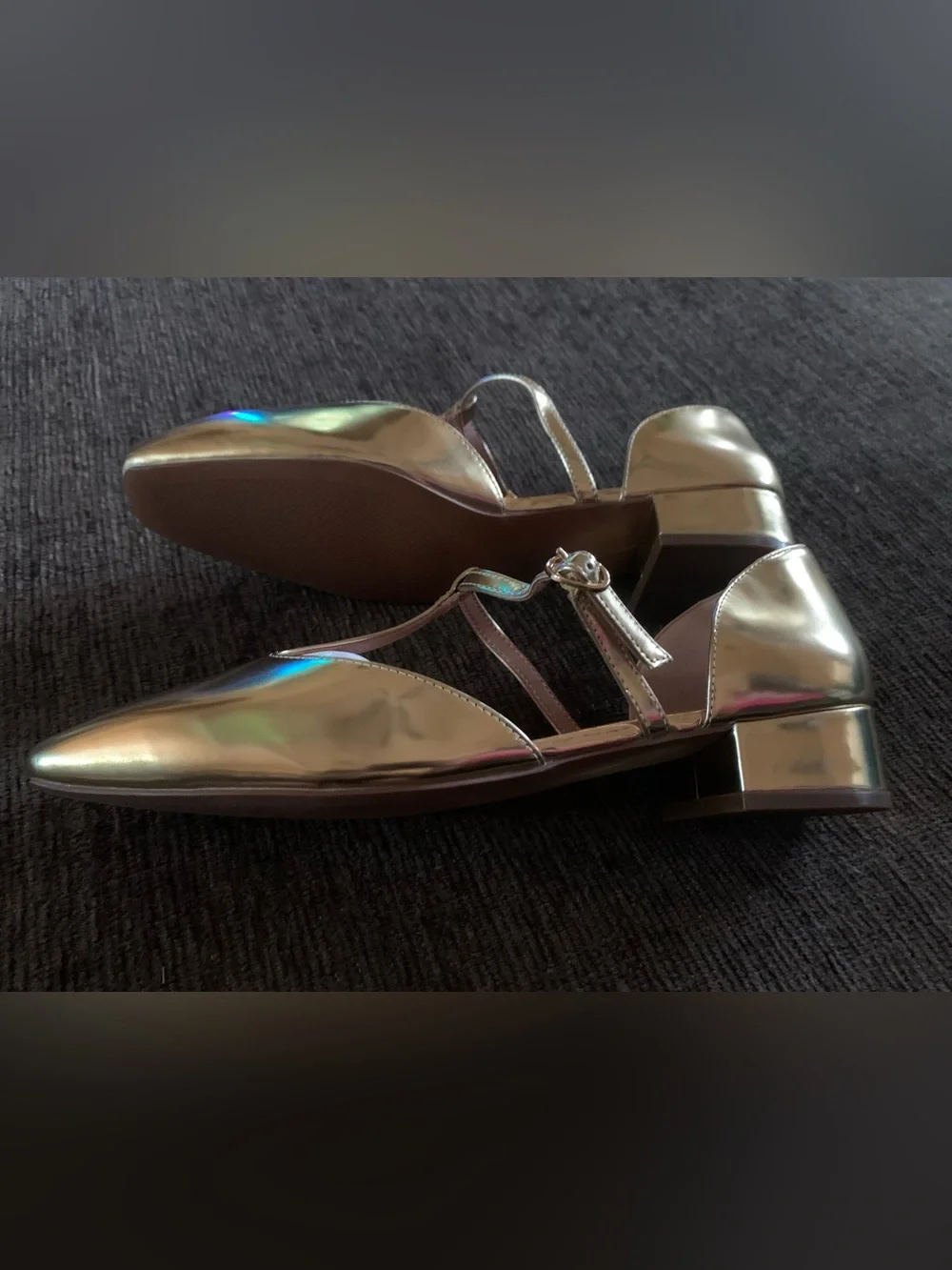 Linea Paolo Coralee Mary Jane pumps featuring a metallic gold finish.